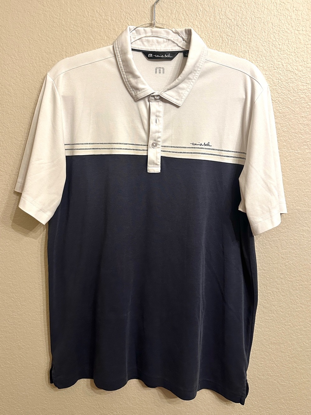 Travis Mathew Two-Tone Polo — White & Navy Blue